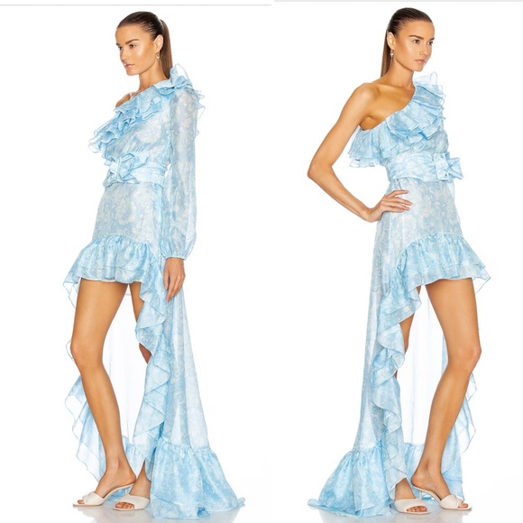 NWT ATOIR The Whirlwind Dress in Blue Paisley Floral Ruffle Belted High Low Gown - Picture 2 of 9